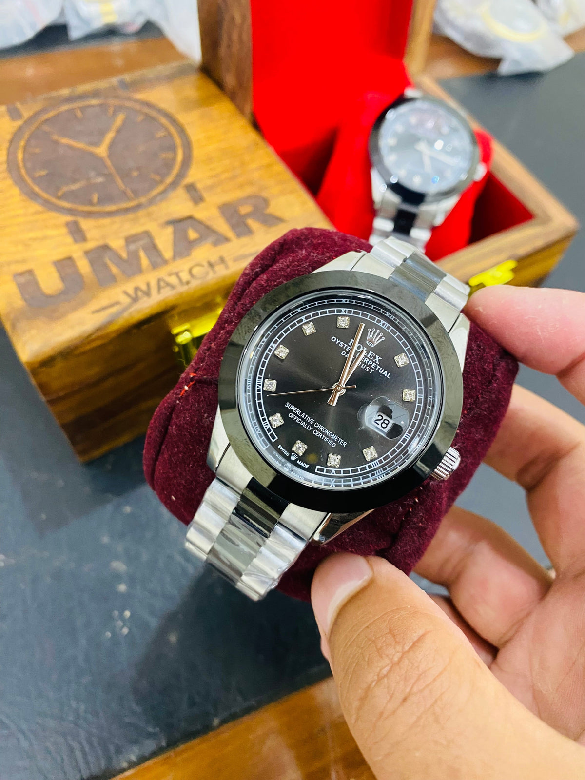 Silver Black Tow Tone Stone Model with Date Function Premium quality