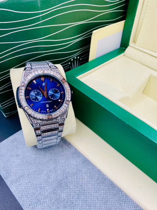 Silver Blue Luxary Diamond Set With Date Function